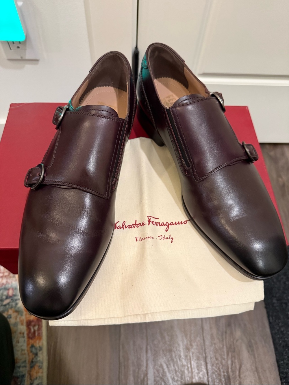 Salvatore Ferragamo Men's Double Monk Strap Leather Shoes plum calf UK7 US8